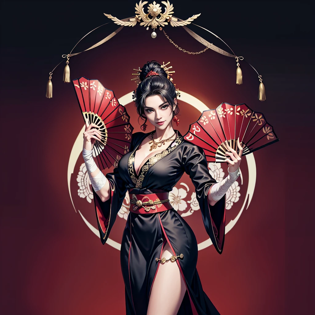 Queen, beautiful, necklace, black hair in 1 top knot,2 hair pins,sexy, design on clothes,milf,design on clothes,milf,form fitting kimono type clothes,plain kimono, red-mehroon fans, gold patterns,high quality,8k, slight smile, villainess , bandaged hands, red kimono:1.4, red black outfit with gold highlights, blank background 