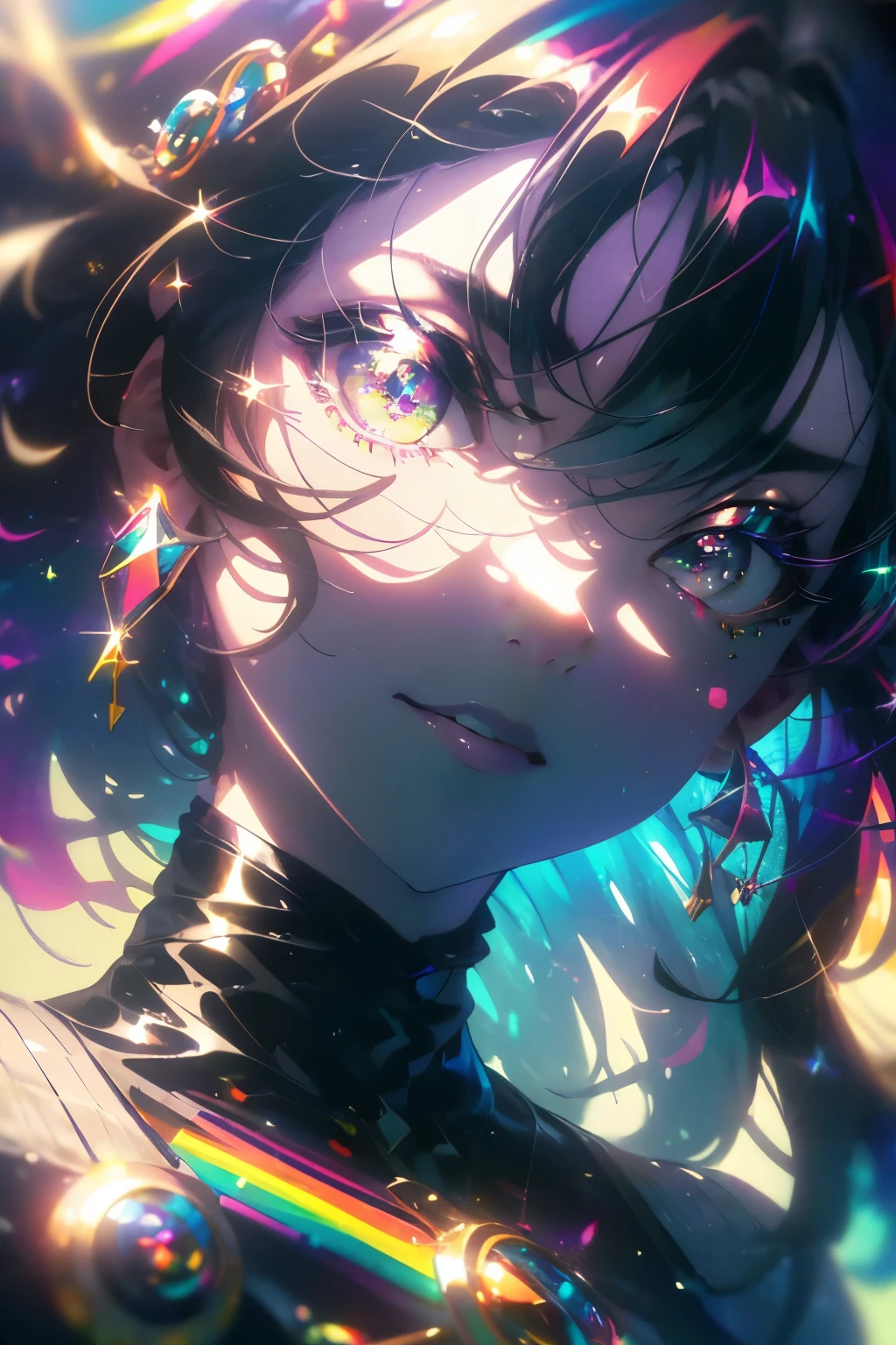 ((masterpiece,High resolution,8K quality,highest quality)),1 girl,((highly detailed face)),woman,delicate eyes,((purple eyes)),((hairstyle on:Circular cut,black haired,hair that shines in the light)),Lens flare,dramatic makeup,smile gracefully,natural complexion,big and full breasts,Diffuse reflection of light((Colorful:1.5)),