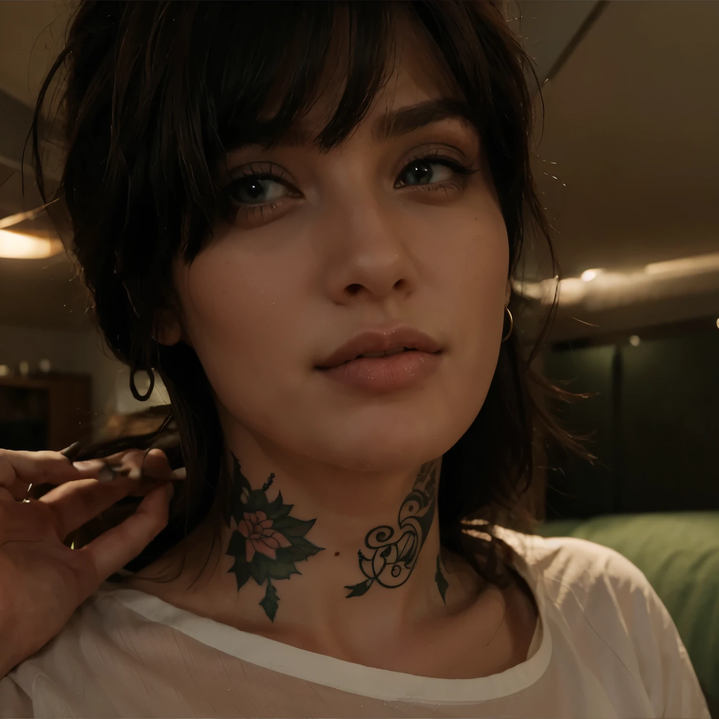 Lip piercings, neck tattoo, green eyes
