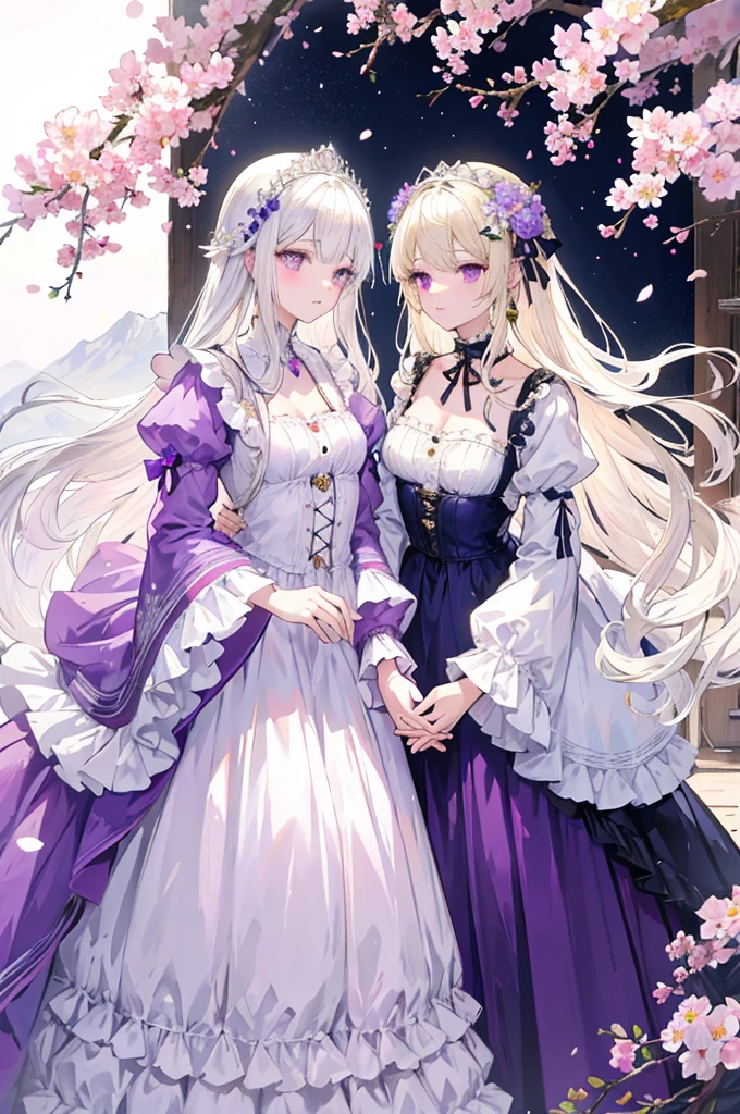 (masterpiece, best quality),Two princesses with perfect details. Birds singing and flowers fragrant in the mountains. 1 woman with long straight silver hair and purple eyes., Warm light of a woman with long blond hair and pink eyes, Blonde woman wearing cherry blossom pink lolita dress，There are bows and crystal chains on the clothes. The silver-haired woman wears a lavender-purple Lolita dress.，They all wear exquisite flower crowns. The blonde woman has mostly butterfly elements on her body. The white-haired woman has mostly flower elements on her body. The foreground is blurred. They are holding hands. The fresh and bright background is full of flowers. The doll collar is an Edwardian collar. One dress is pink and the other is purple.