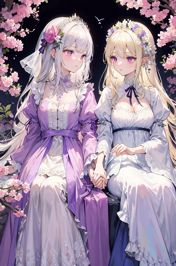 (masterpiece, best quality),Two princesses with perfect details. Birds singing and flowers fragrant in the mountains. 1 woman with long straight silver hair and purple eyes., Warm light of a woman with long blond hair and pink eyes, Blonde woman wearing cherry blossom pink lolita dress,There are bows and crystal chains on the clothes. The silver-haired woman wears a lavender-purple Lolita dress.,They all wear exquisite flower crowns. The blonde woman has mostly butterfly elements on her body. The white-haired woman has mostly flower elements on her body. The foreground is blurred. They are holding hands. The fresh and bright background is full of flowers. The doll collar is an Edwardian collar. One dress is pink and the other is purple.