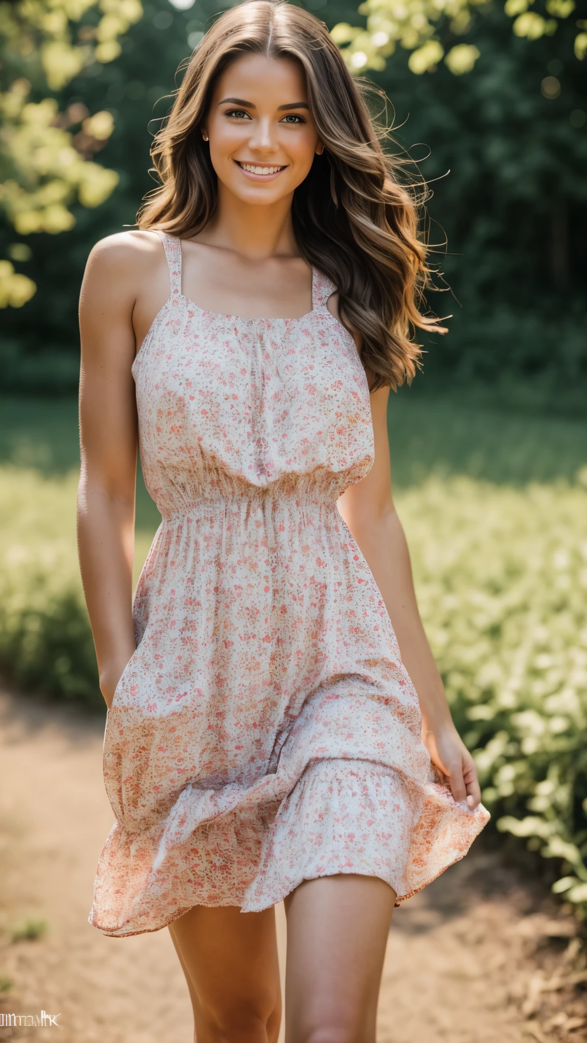 realistic body shot photo of a american smiling woman walking in front of the camera wearing a long 1990s summer dress. Farm. glamour photoshoot. perfect butt, beautiful face, perfect anatomy, fit girl, looking into the camera, strong hip:1.2, wide hip:1.3, 23 yo woman. (Eye makeup:1.1), (highly detailed skin:1.1), RAW, analog style, sharp focus, 8k UHD, DSLR, high quality, Fujifilm XT3, grain, award winning, masterpiece.