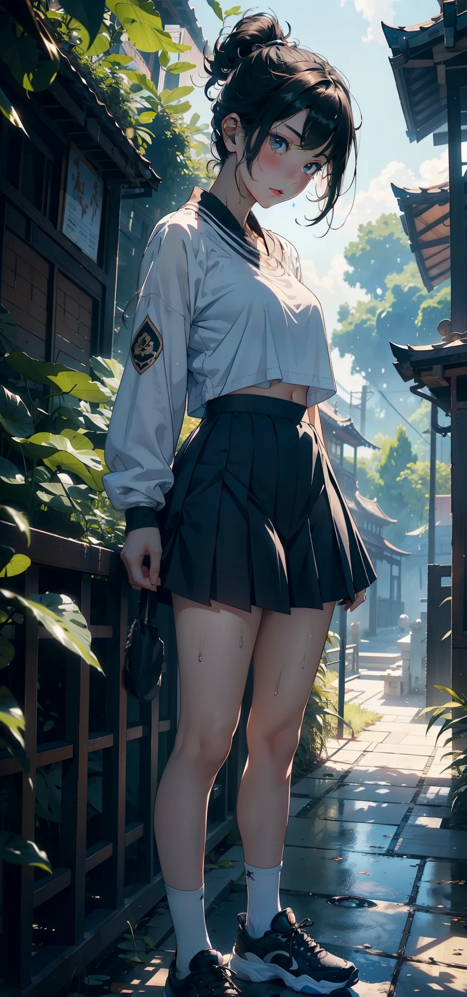 1 female,Number 11,,little loli,Under l breasts ,exposure, solo,(background with:bamboo forest,lotus,lotus,Exterior,Lotus Pond) She has short black hair,stand up,Sweating,Soaked all over,View from the front, straight hair, The sky is mostly cloudy,(((masterpiece),(Very detailed CG unified 8k wallpaper),best quality,light,detailed background,Beautiful and delicate eyes,bright pupils,black eyes,(Very delicate and beautiful),(Beautiful and detailed eye descriptions),Super detailed,masterpiece,)),face camera,high resolution,Super detailed),violent house,Bare genitals, convex,legs are open,convex起性感,camel toe,complexion,open mouth,street frontage,college aged,(wear:Uniforms,Sky blue loose shirt,black pleated skirt,White calfskin socks,black sneakers)Full body image,show shoes