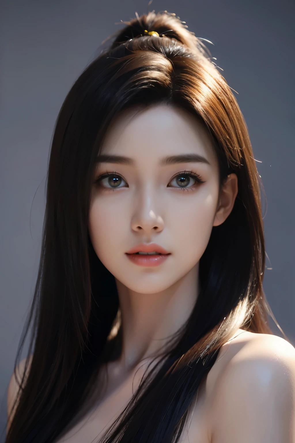 Game art，The best picture quality，Highest resolution，8K，((A bust photograph))，((Portrait))，(Rule of thirds)，Unreal Engine 5 rendering works， (The Girl of the Future)，(Female Warrior)， 
22岁少女，(Female president)，(Dark red gradients of hair，Long hair casual)，(A beautiful eye full of detail)，(Big breasts)，(Eye shadow)，优雅迷人，冷漠，((惊讶))，(Women's professional work wear，Ladies Suits)， Women in the office，
拍照姿势，城市背景，Movie lights，Ray tracing，Game CG，((3D Unreal Engine))，oc渲染反射纹