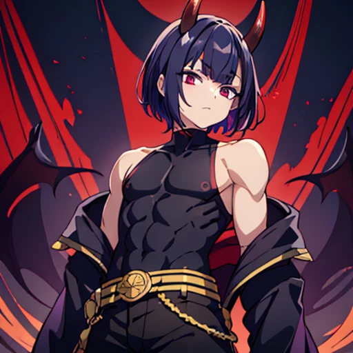 1boy((best quality)), ((masterpiece)), (detailed), perfect face1 boy;((best quality)), ((masterpiece)), (detailed), perfect face;shuten doji style; pretty face ; pretty boy, demon horns protruding out of forehead; black hair; lean physique; wearing tight sleevles shirt e; standing in front of viewer ; black medium hair,male ; make him a male with a male chest, full body shot, wearing pants, wearing tight sleevless tank top ,sfw, small lean body