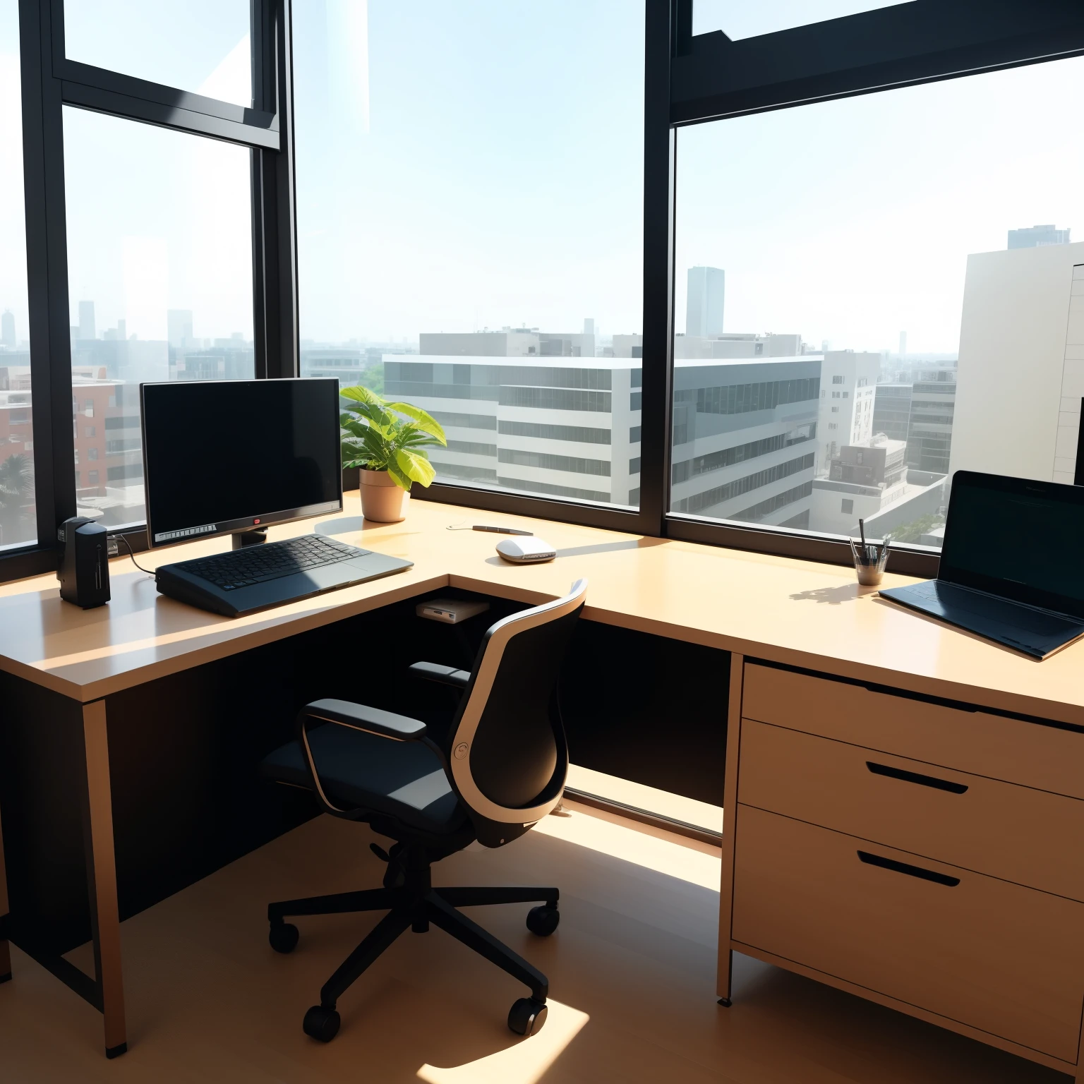 90-degree viewing angle,Luxurious work desk,nerds,Computer,Gentle lighting,Outside the window,Listen to music,Kizi,Back Shadow,Leica lens,photorealestic