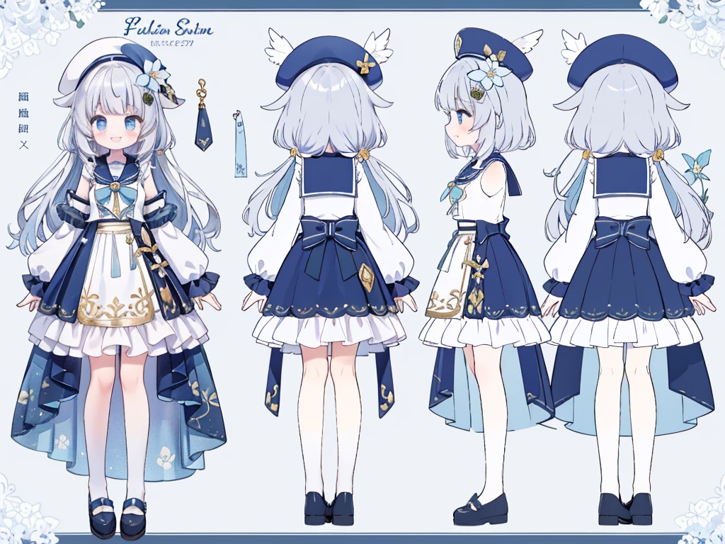Standing picture、full body esbian、put your hands together on your hips、flower hair ornament、one girl、silver hair、length、fluttering hair、blue eyes、laughter、masterpiece、best image quality、smile、Long-sleeved sailor suit、pleated skirt、length-sleeve、Moe sleeve,character reference sheet