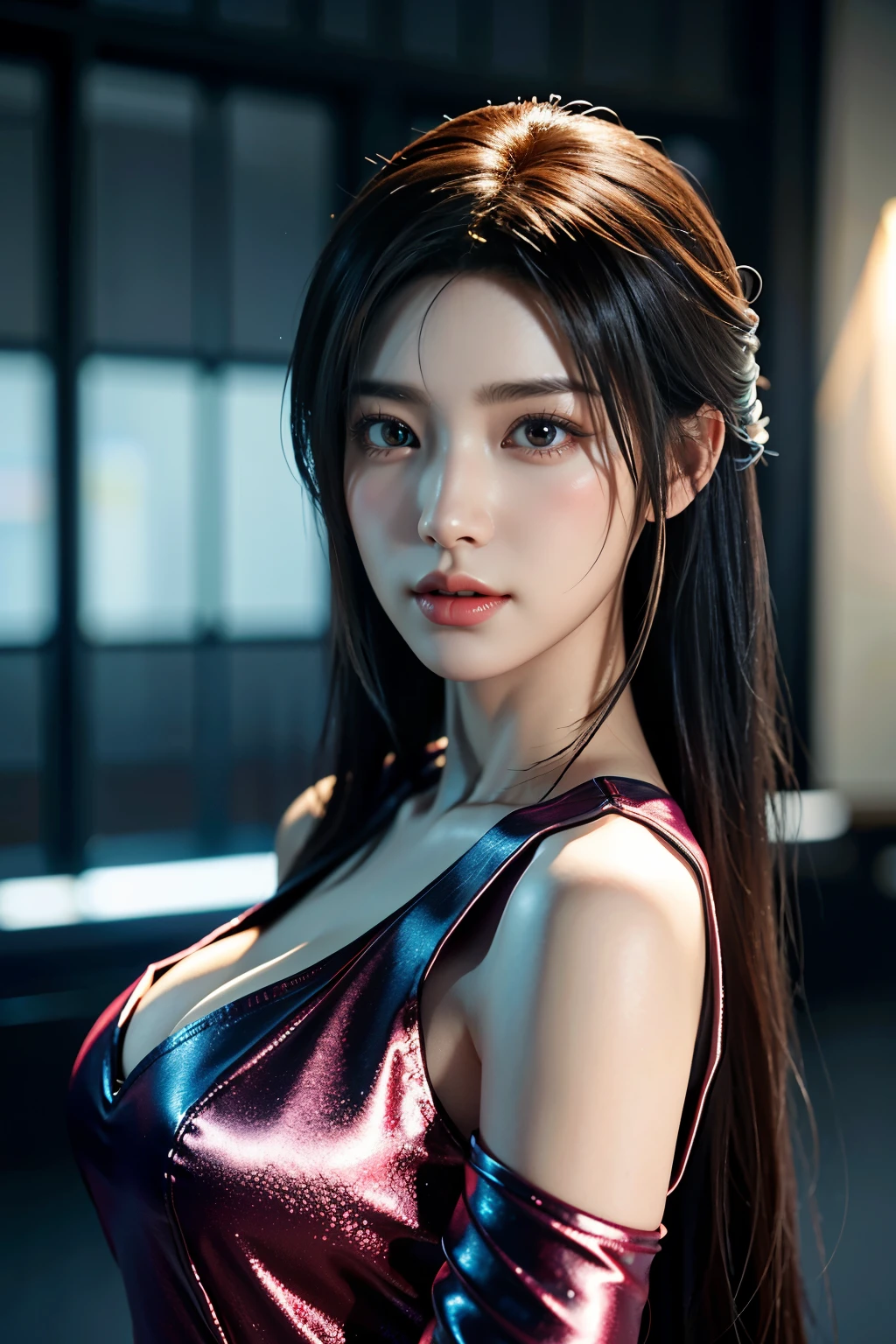 Game art,The best picture quality,Highest resolution,8K,((A bust photograph)),((Portrait)),(Rule of thirds),Unreal Engine 5 rendering works, (The Girl of the Future),(Female Warrior),
22岁少女,(Female president),(Dark red gradients of hair,Long hair casual),(A beautiful eye full of detail),(Big breasts),(Eye shadow),优雅迷人,冷漠,((惊讶)),(Women's professional work wear,Ladies Suits), Women in the office,
拍照姿势,城市背景,Movie lights,Ray tracing,Game CG,((3D Unreal Engine)),oc渲染反射纹