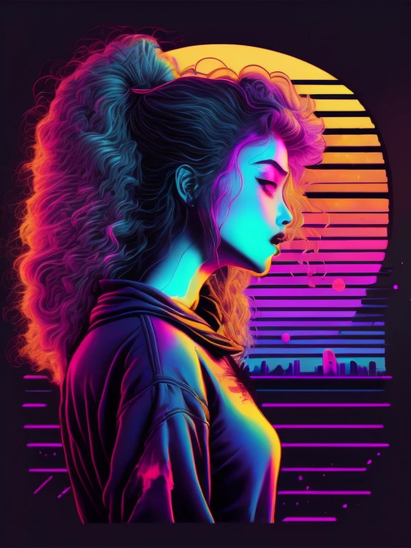 une fille devant le coucher du soleil, Style VaporWave, Style néon, lignes douces, Art autocollant vectoriel, noyau vectoriel, détails complexes, 8K