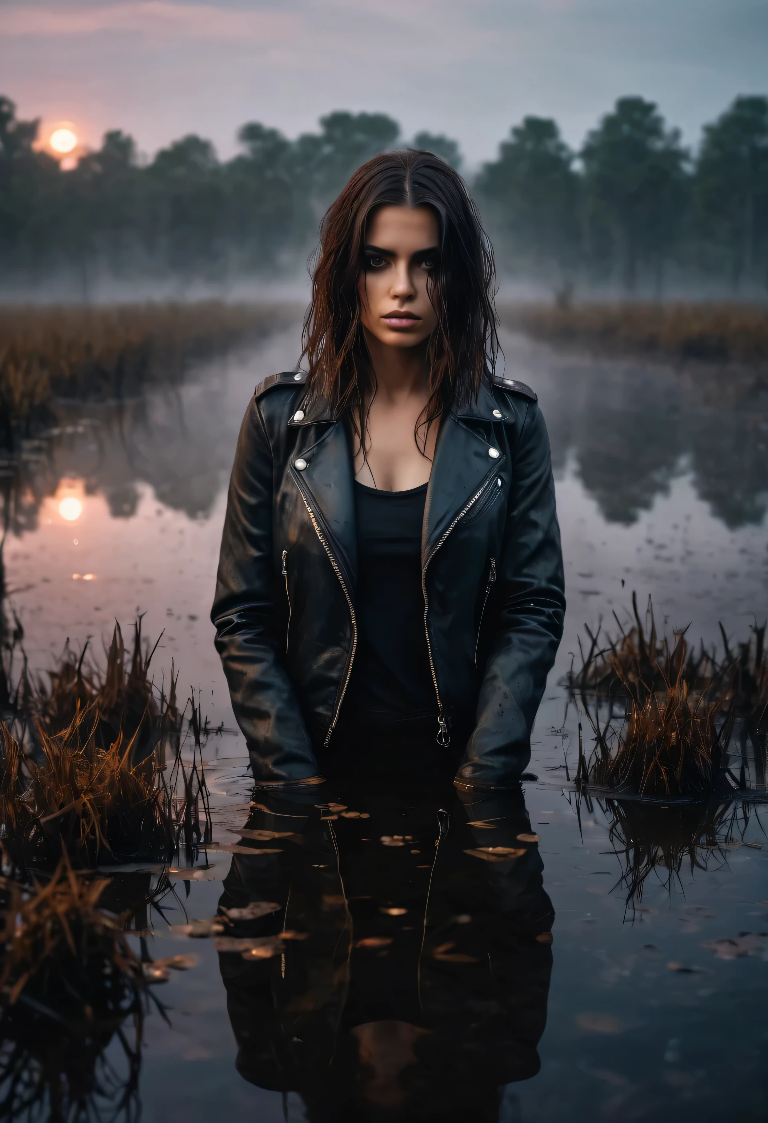 (a hot woman in a leather jacket),(swamp),(water reflection),(dense fog),(sunset),(dark and eerie atmosphere),(mysterious),(wet hair),(intense gaze),(submerged hands),(expressive eyes),(ominous)