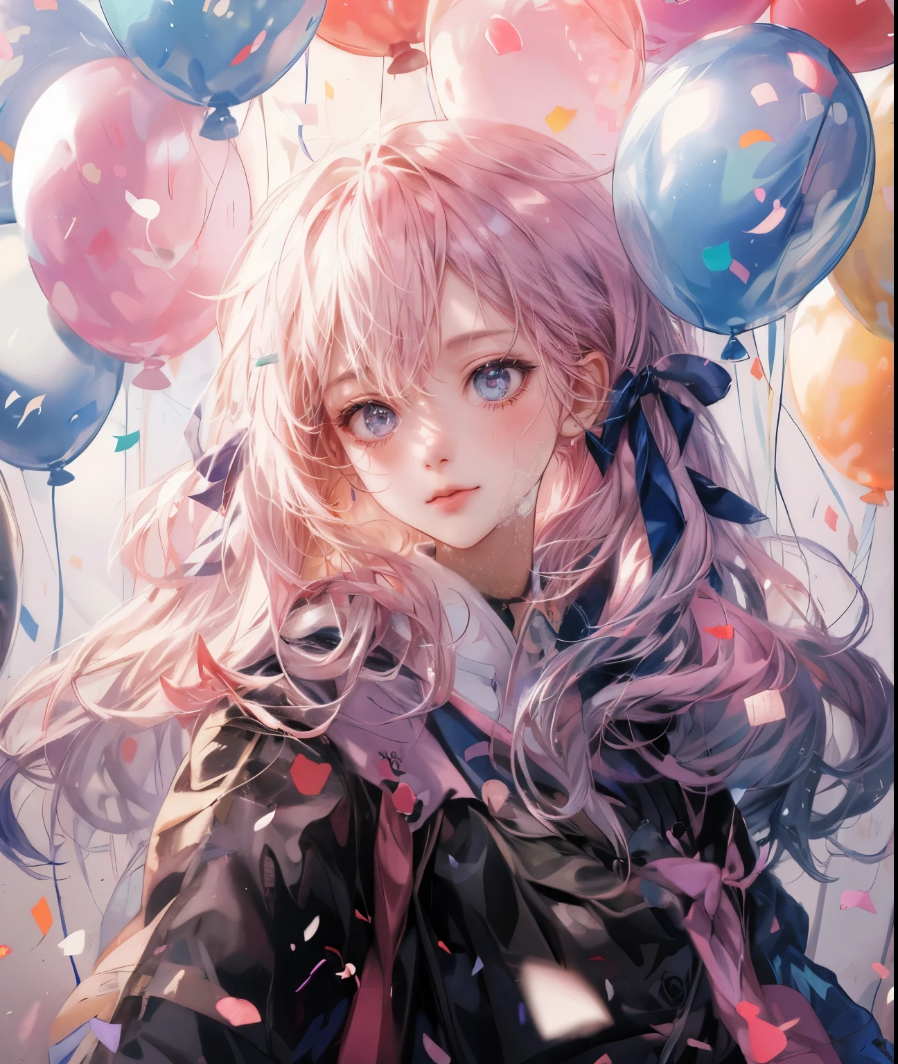 anime girl with balloons and confetti in the air, Cute girl anime visual, young anime girl, beautiful anime art style, anime atmosphere, Nightcore, clean detailed anime art, cute anime girl, beautiful anime portrait, High quality anime art style, beautiful anime art, beautiful anime artwork, (anime girl), cute anime girl portraits, everyone, anime aesthetics