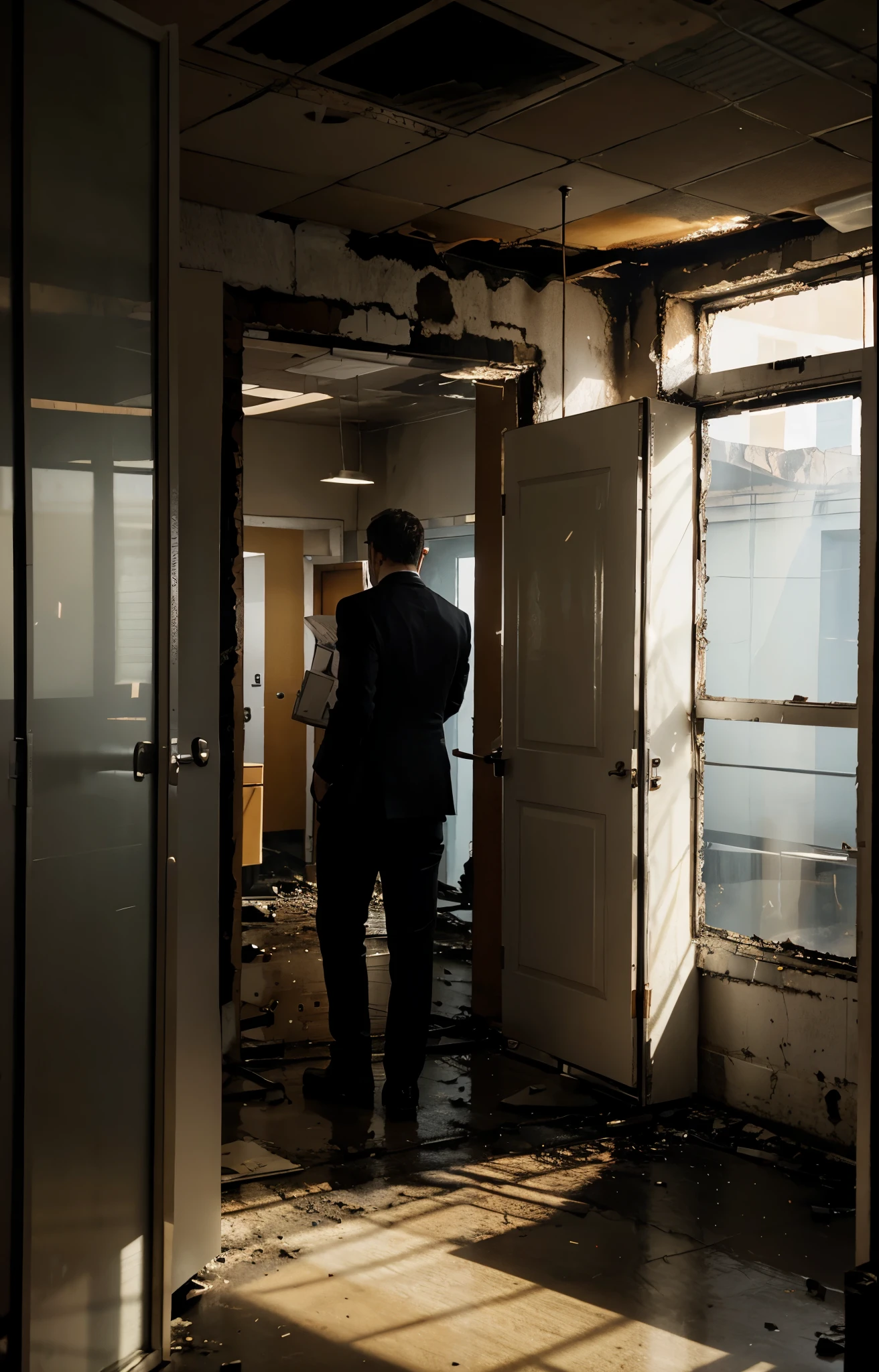 desperate boss standing in office that is on fire everyone is mad