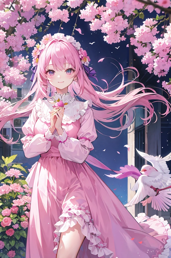big，Pink girl, purple girl, holding hands, smiling, flower house, birds singing, fragrance of flowers, Lolita fresh