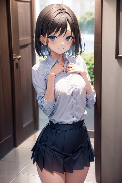 high angle, stare intently、masterpiece、highest quality、 Has wavy, lobe-like brown bangs、short hair、25 year old woman with blue eyes.、Wearing clothes with open chests、Wearing a super short skirt、blush, smile, ( Are standing:1.3)、bold composition、alone、pose of temptation