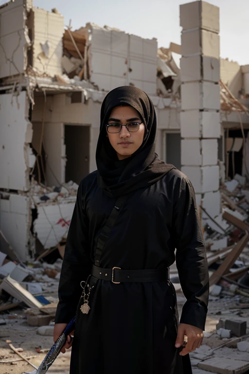palestine neck scarf and he is looking towards the viewer))、(Arabian Look), ((front view)), ((wearing arabian black Abaya and hold arabian sword))、((at the destruction area))、long hair to shoulder have beard)、nikon RAW photo、16 K、FujifilmXT3、​masterpiece、top-quality、realisitic、Photorealistic、ultra-detailliert、extra detailed face、独奏、1Boy in、High-end makeup products、 and a angry expression on his face, Arabian face 、(FULL BODYSHOT) , , (wide angle view) , round glasses
