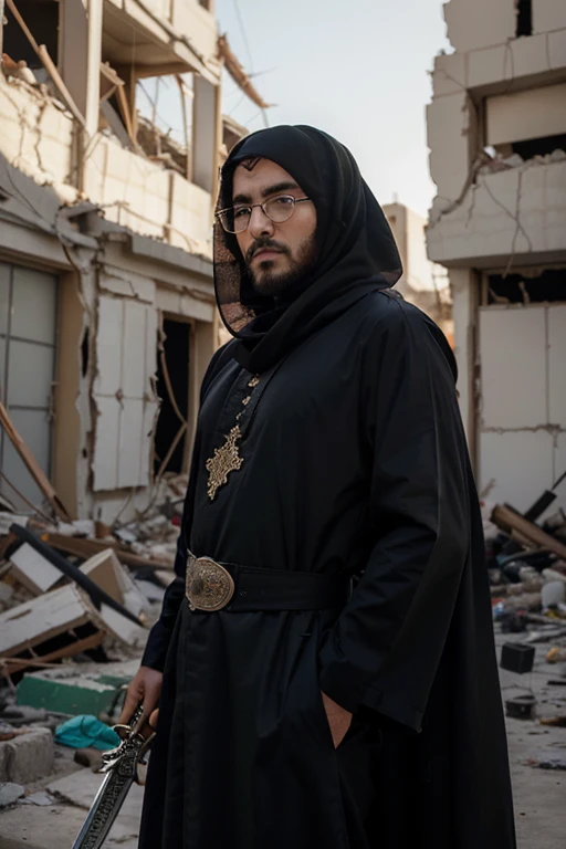 palestine neck scarf and he is looking towards the viewer))、(Arabian Look), ((front view)), ((wearing arabian black Abaya and hold arabian sword))、((at the destruction area))、long hair to shoulder have beard)、nikon RAW photo、16 K、FujifilmXT3、masterpiece、top-quality、realisitic、Photorealistic、ultra-detailliert、extra detailed face、独奏、1Boy in、High-end makeup products、 and a angry expression on his face, Arabian face 、(FULL BODYSHOT) , , (wide angle view) , round glasses