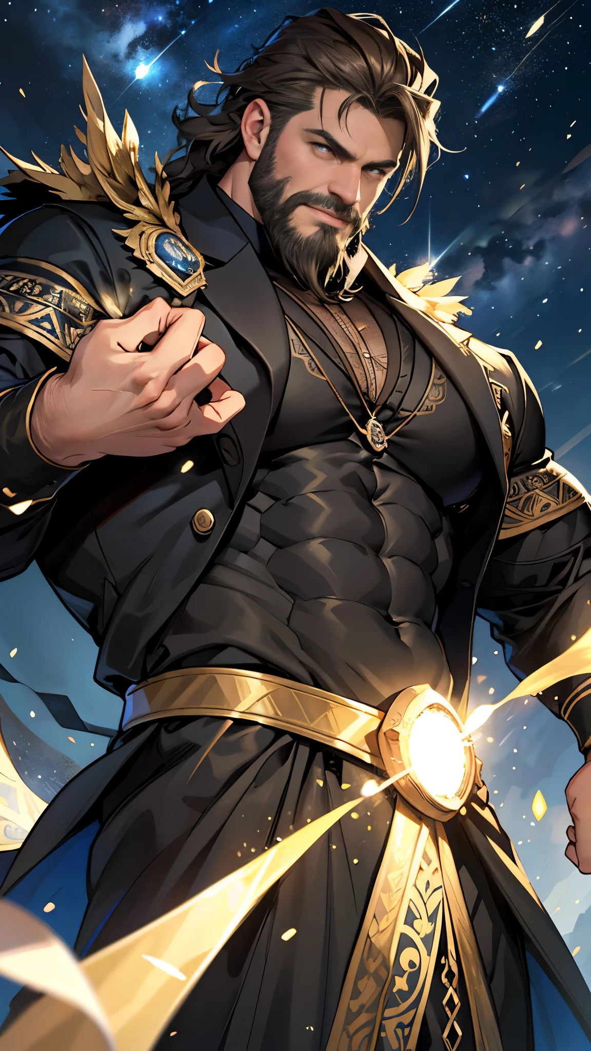 best quality, masterpiece, ultra high resolution, Detailed background, realism, illustration, single, male, 40 years old, muscle, fat figure,Lipid-wrapped muscle,Volumetric lighting, depth of field, beard, black suit, medieval clothing,light particles, convex, starry sky, Short dark blonde hair, perfect eyes, Soaked, Sexy, male, burly, strong, Formal wear, magic light,perfect anatomy,Correct gestures