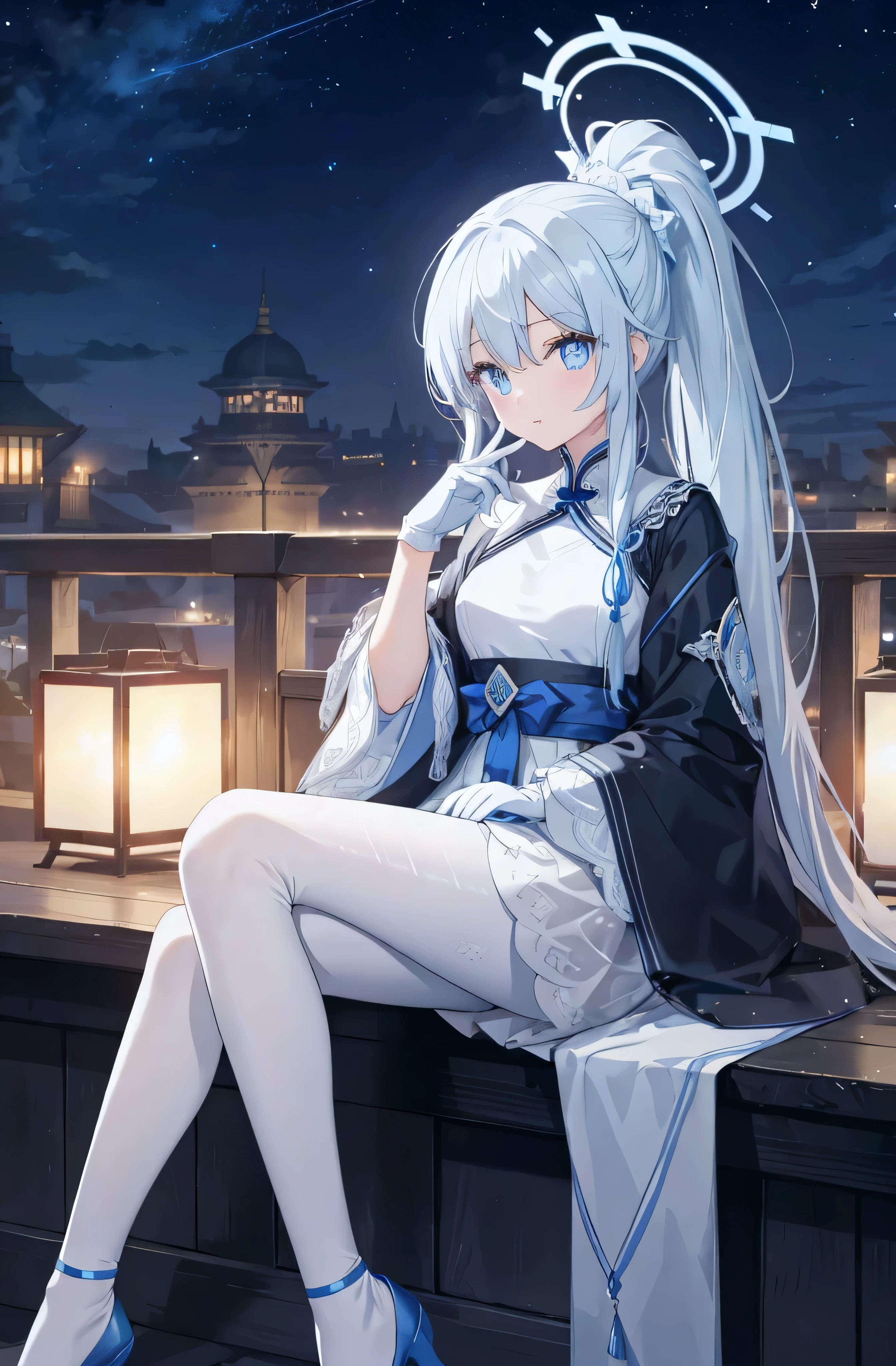 Thin and skinny figure,subtle laughter,White single ponytail hair,blue eyes,There is also a blue light in the eyes,blue eyes中有白色的瞳仁,shiny pupils,female hands,newbie,normal finger,Normal human fingers,blue aura,The aura is blue,Polyhedral pattern in halo,Wear white pantyhose,Wearing white lace gloves,female hands,newbie,normal finger,Normal human fingers