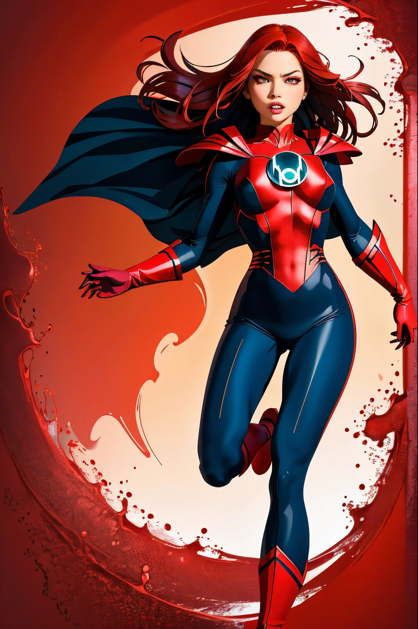 masterpiece, 4k resolution, Hyper realistic, best quality, 1girl, red  haired, teal red bloody eyes, perfect body, big boobs, amazing red eyes, red lantern costume, destructive background, 