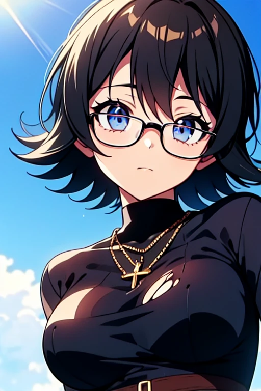 (masterpiece, high resolution, best quality, anime colored, anime screencap, 8k, photorealistic), Shizuku Murasaki, 1girl, cute, black hair, short hair, glasses, expressionless, huge breast, (long sleeve, tight black turtleneck), , torn clothes, (upper body, looking at view, from below), denim, inverted cross chain necklace, (perfect detailed anatomy, beautiful detailed eyes&hair, beautiful face, shiny skin), sunshine outdoors