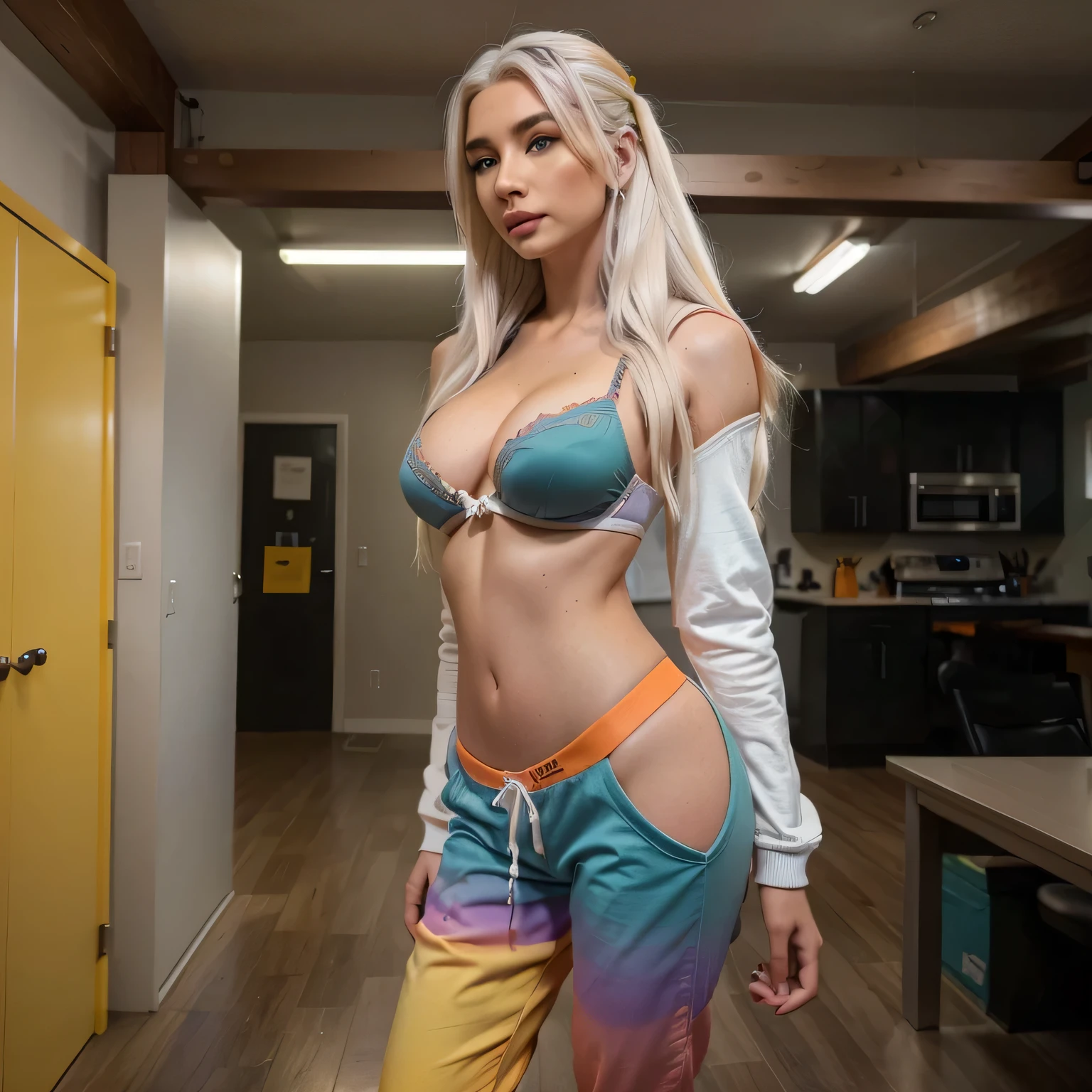 Emily Sears with white hair,dynamische Pose,(best quality,high resolution:1.2),(realistisch,fotorealistisch:1.37),Ganzkörperperspektive,Modell weit weg,Hose,Gut,Kapuzenpullover,Rot,Gelb,Green,orange,lila,Rosa,Blau.