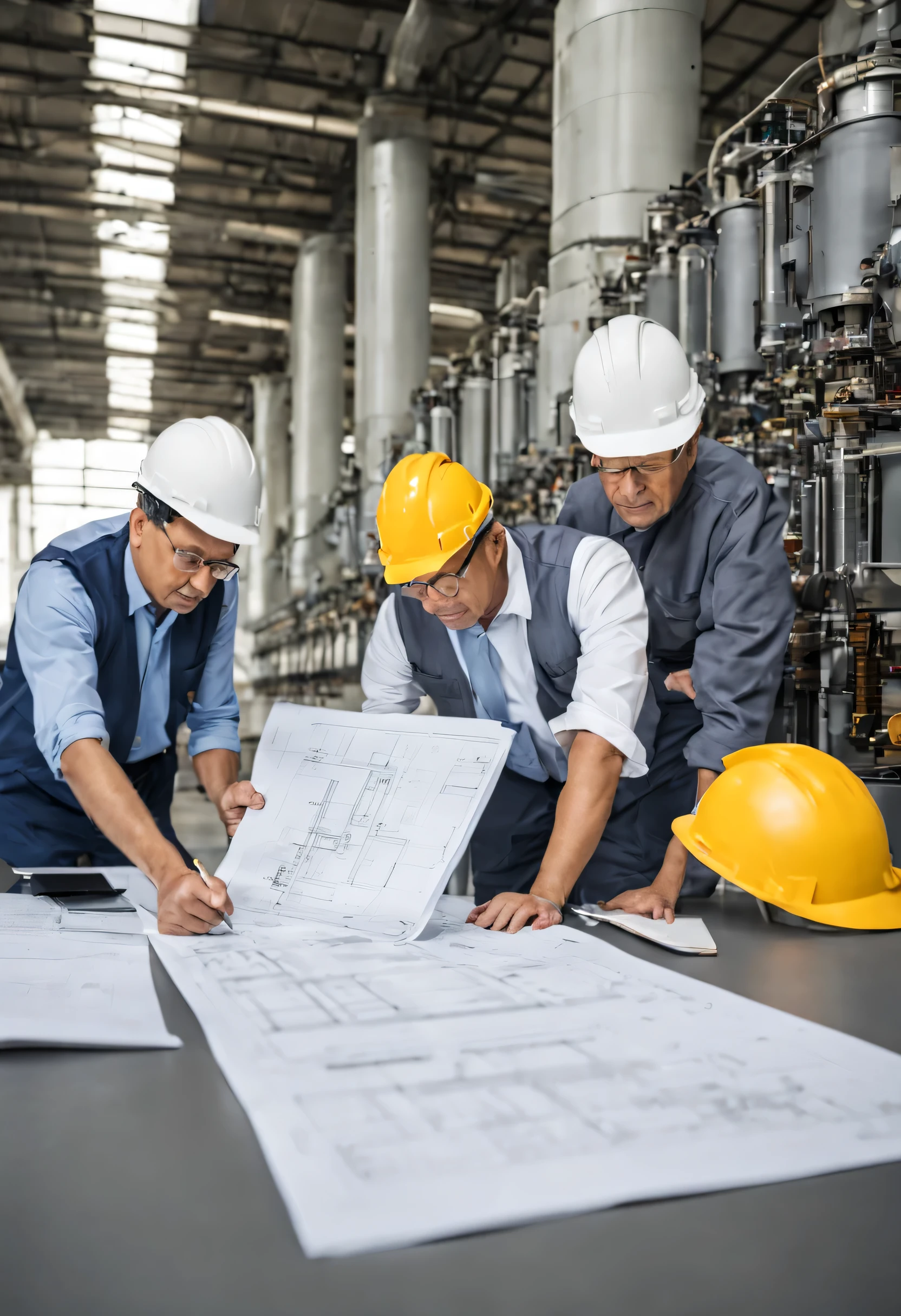 few matured engineers are checking the design drawing of electricity power generation plant