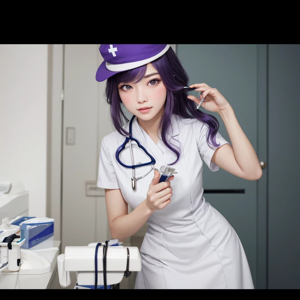 Best image quality, outstanding detail, ultra high resolution, (realism: 0), best illustration, prefer details, highly condensed 1girl, delicate and beautiful face, long hair, disheveled hair, big, blush, delicated skin, a beautiful woman with violet hair and bright violet eyes, Currently performing a patient examination pose. In a clinic, trim and proper white nurse dress with a nurse hat