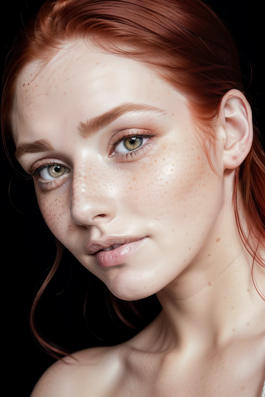 (photo of a beautiful and magnificent red-haired girl posing seductively, extremely detailed face, she has small freckles, sweating face and voluptuous body, seductive, photorealistic, hyperrealism, Ultra High Definition 8K)
Imagine a captivating image of a beautiful and magnificent red-haired girl, radiating seduction as she poses provocatively for the camera. Her face, an intricately detailed canvas, boasts small freckles that dot her nose and cheeks, adding charm to her already stunning features. Sweat glistens on her face, making her pores visible, adding an element of raw authenticity to the image