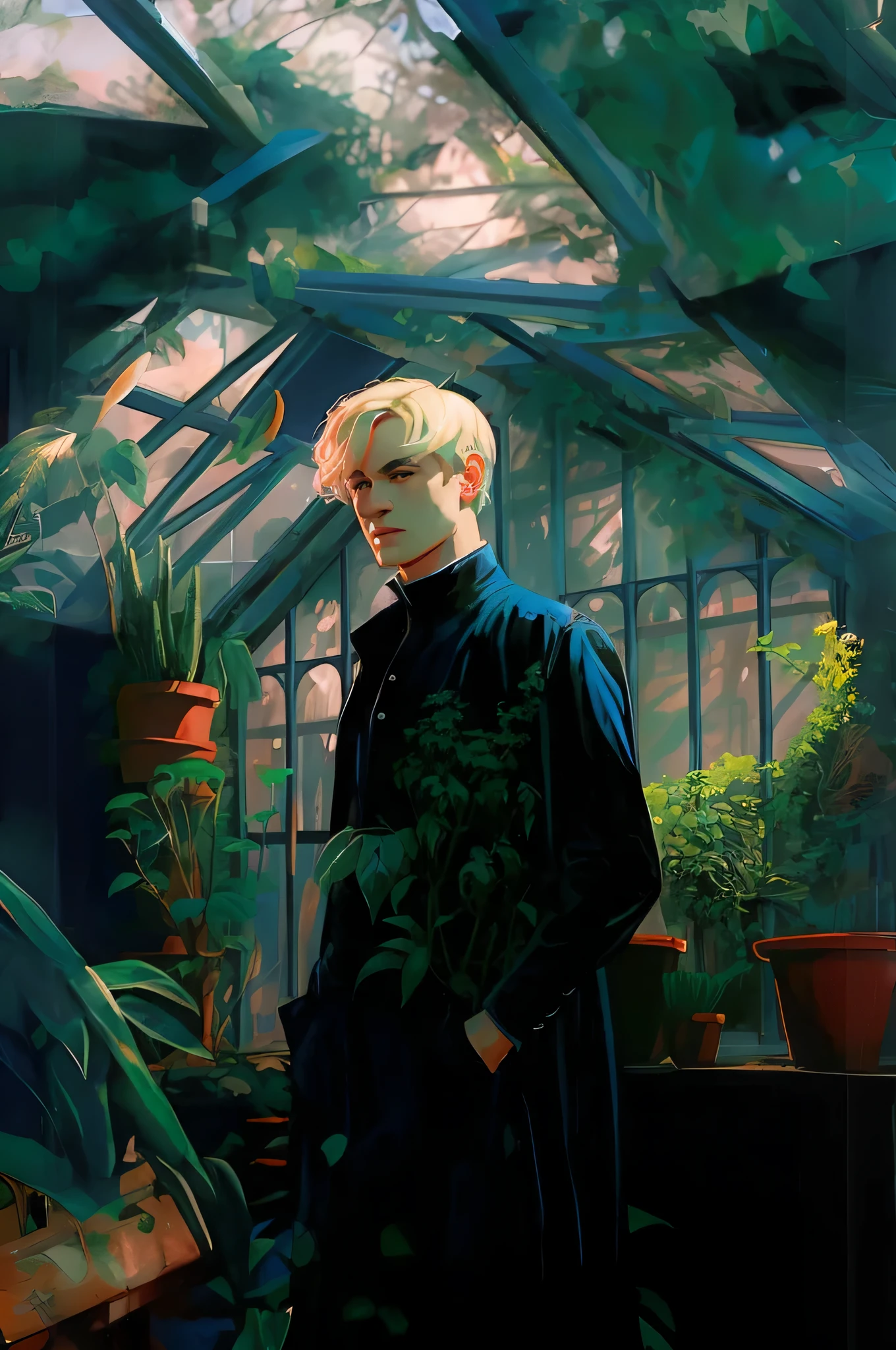 man with silver blonde hair standing in green house