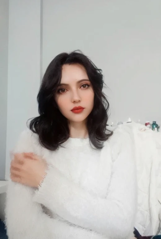 (masterpiece, best quality:1.2), woman with black hair posing for a picture, black hair and large eyes, pale-skinned perfect face, pale white face, with pale skin, 🤤 girl portrait, faint red lips, pale fair skin!!, red lips, pale skin and dark eyes, lovely delicate face, portait photo profile picture, cyberpunk, (humanoid cyborg:1.4)