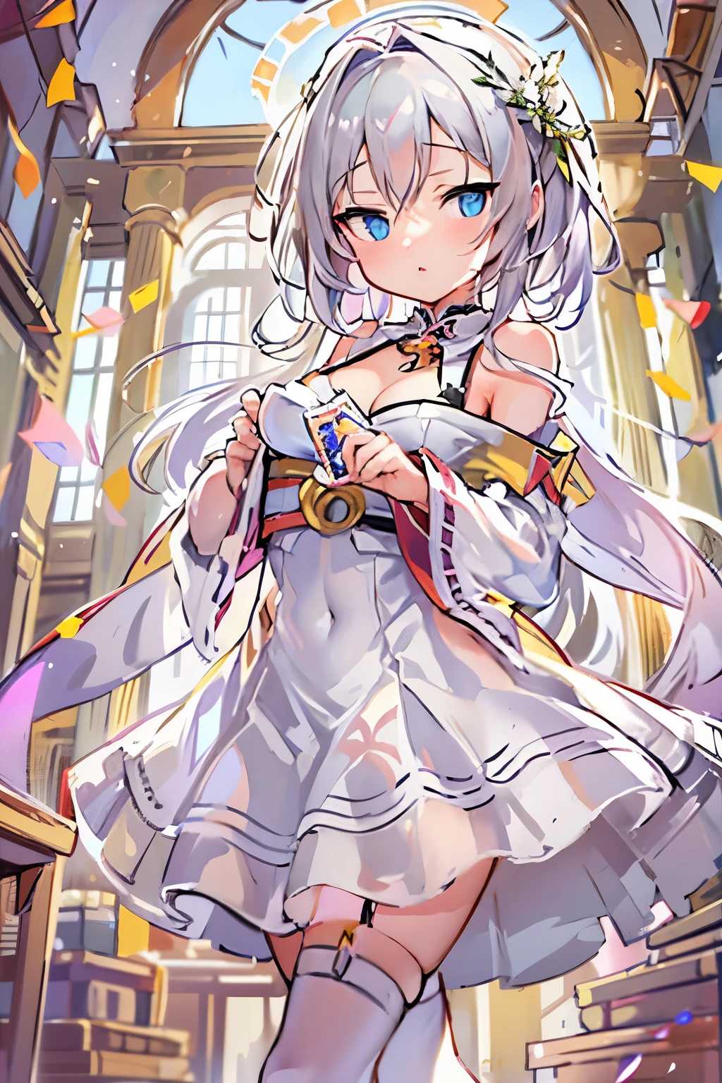(masterpiece), (highest quality), (ultra detail), official art, one girl, Silver-haired loli, ite girl, Saint Loli, shrine maiden, white and gold see-through dress, No sleeve, off shoulder, small, small, small, cleavage, underboob, thigh focus, Navel exposed, Card Illustration, temple