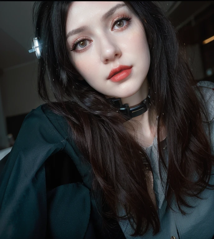 (masterpiece, best quality:1.2), woman with black hair posing for a picture, black hair and large eyes, pale-skinned perfect face, pale white face, with pale skin, 🤤 girl portrait, faint red lips, pale fair skin!!, red lips, pale skin and dark eyes, lovely delicate face, portait photo profile picture, cyberpunk, (humanoid cyborg:1.4)