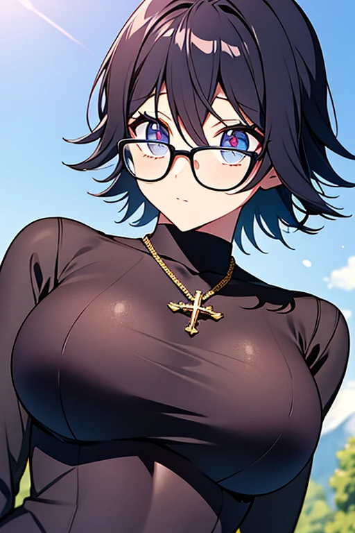 (masterpiece, high resolution, best quality, anime colored, anime screencap, 8k, photorealistic), Shizuku Murasaki, 1girl, cute, black hair, short hair, glasses, expressionless, huge breast, (long sleeve tight black turtleneck), torn clothes:1.5, ((upper body, looking at view, from below)), denim, inverted cross chain necklace, (perfect detailed anatomy, beautiful detailed eyes&hair, beautiful face, shiny skin), sunshine outdoors