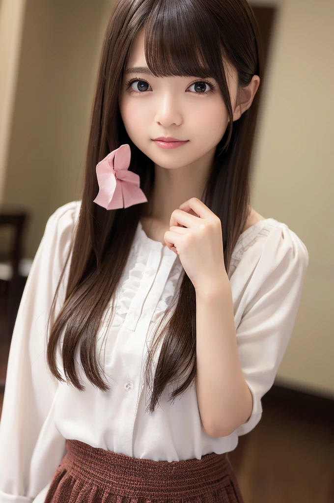 table top, highest quality, figure, super detailed, finely, High resolution, 8k wallpaper, 完璧なダイナミックな構figure, beautiful and fine eyes, blouse, medium hair,brown hair color ,small breasts, natural color lip, Cute poses that strangers seem to like,random situation,slender body,narrow side,20 year old girl,background blur,whole body