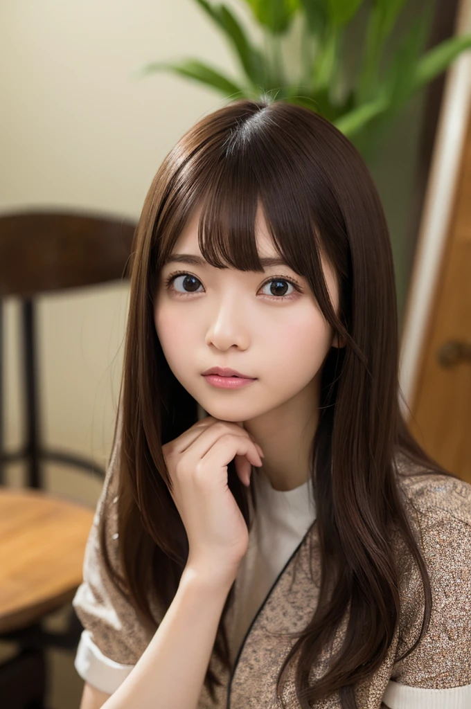table top, highest quality, figure, super detailed, finely, High resolution, 8k wallpaper, 完璧なダイナミックな構figure, beautiful and fine eyes, blouse, medium hair,brown hair color ,small breasts, natural color lip, Cute poses that strangers seem to like,random situation,slender body,narrow side,20 year old girl,background blur,whole body