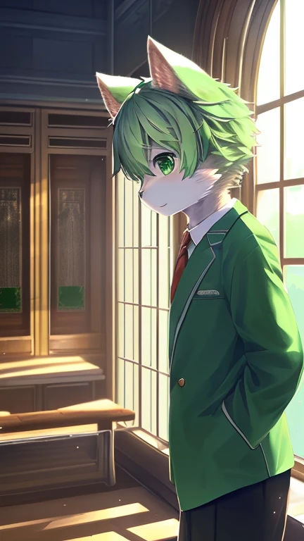 (male kemono cat,green hair with white pattern:1.1,green eyes:1.1,white fur with green pattern:1.1,white and gray high school outfits,detailed background),(best quality:1.2,ultra-detailed,realistic:1.37),illustration,[vibrant colors:1.1,portrait,anime:1.1],soft lighting