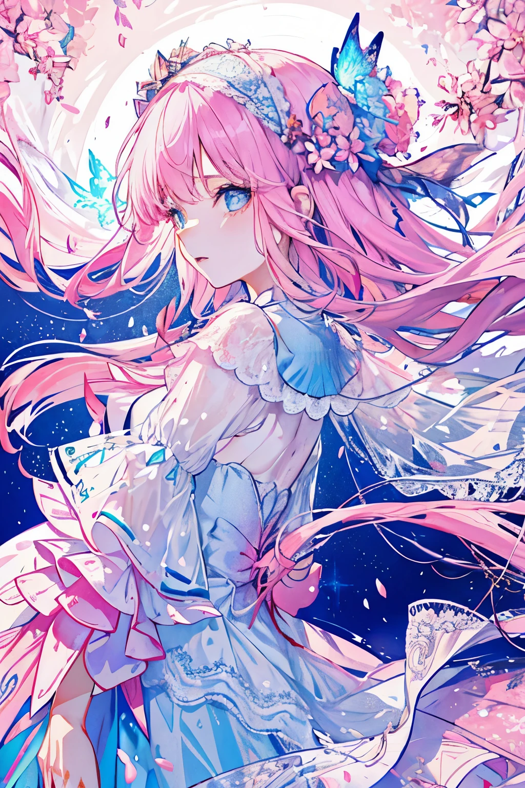 (CG unity 8k wallpaper extremely detailed) (better quality) (better lighting) (an extremely delicate and beautiful) (floating) (beautiful) (spring atmosphere) (1girl) (long pink hair), (hair headband), (detailed and beautiful blue eyes), ((very short white dress, pink lace underside), (lace), ((light transparent silk))), (cherry blossom petals), (butterflies), (dof), (volumetric light) cinematic lighting, chromatic aberration, Sony FE GM, textured skin, high details, highres, 8k