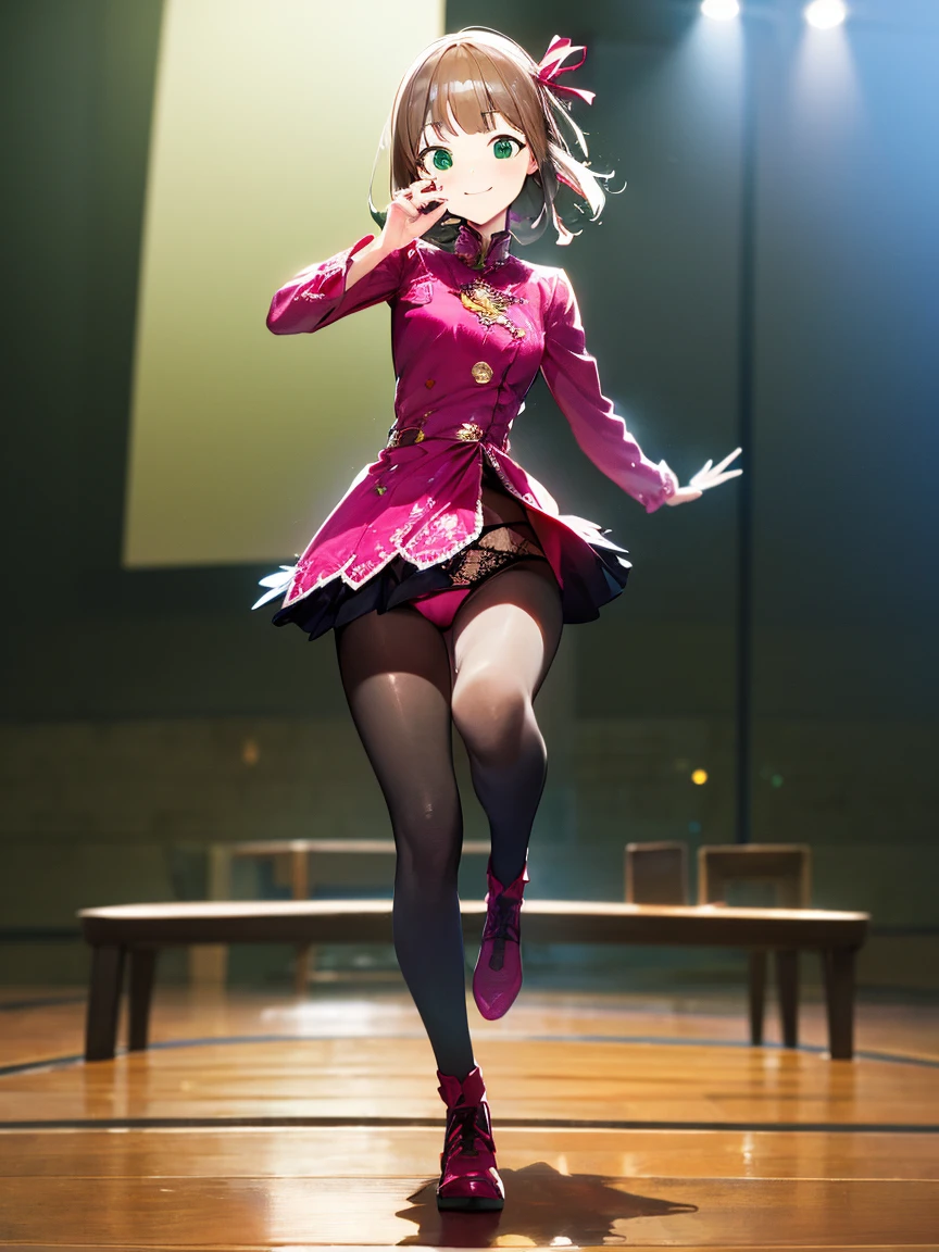 ((highest quality, 8K, table top: 1.3, RAW photo)), sharp focus: 1.2, (1 Aespa Girl :1.1), alone, cute face, highly detailed face, Slightly shaggy brown bob、Two big red ribbons on the head。、green eyes、small smile, thin, (idol uniform 1.5), concert hall, (Show pink lace panties:1.1), from the front, Full body painting