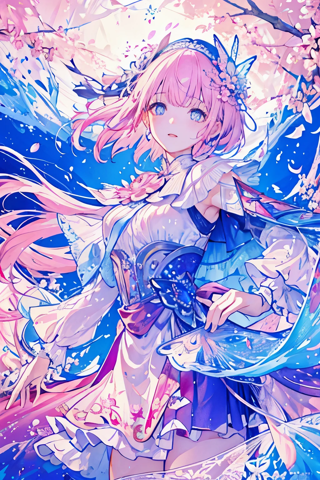 (CG unity 8k wallpaper extremely detailed) (better quality) (better lighting) (an extremely delicate and beautiful) (floating) (beautiful) (spring atmosphere) (1girl) (long pink hair), (hair headband), (detailed and beautiful blue eyes), ((very short white dress, pink lace underside), (lace), ((light transparent silk))), (cherry blossom petals), (butterflies), (dof), (volumetric light) cinematic lighting, chromatic aberration, Sony FE GM, textured skin, high details, highres, 8k