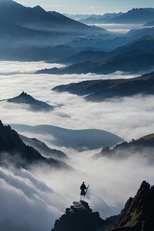 ink painting,mountains and rivers,Sea of clouds and fog,The scholar walks the world with his sword on his back