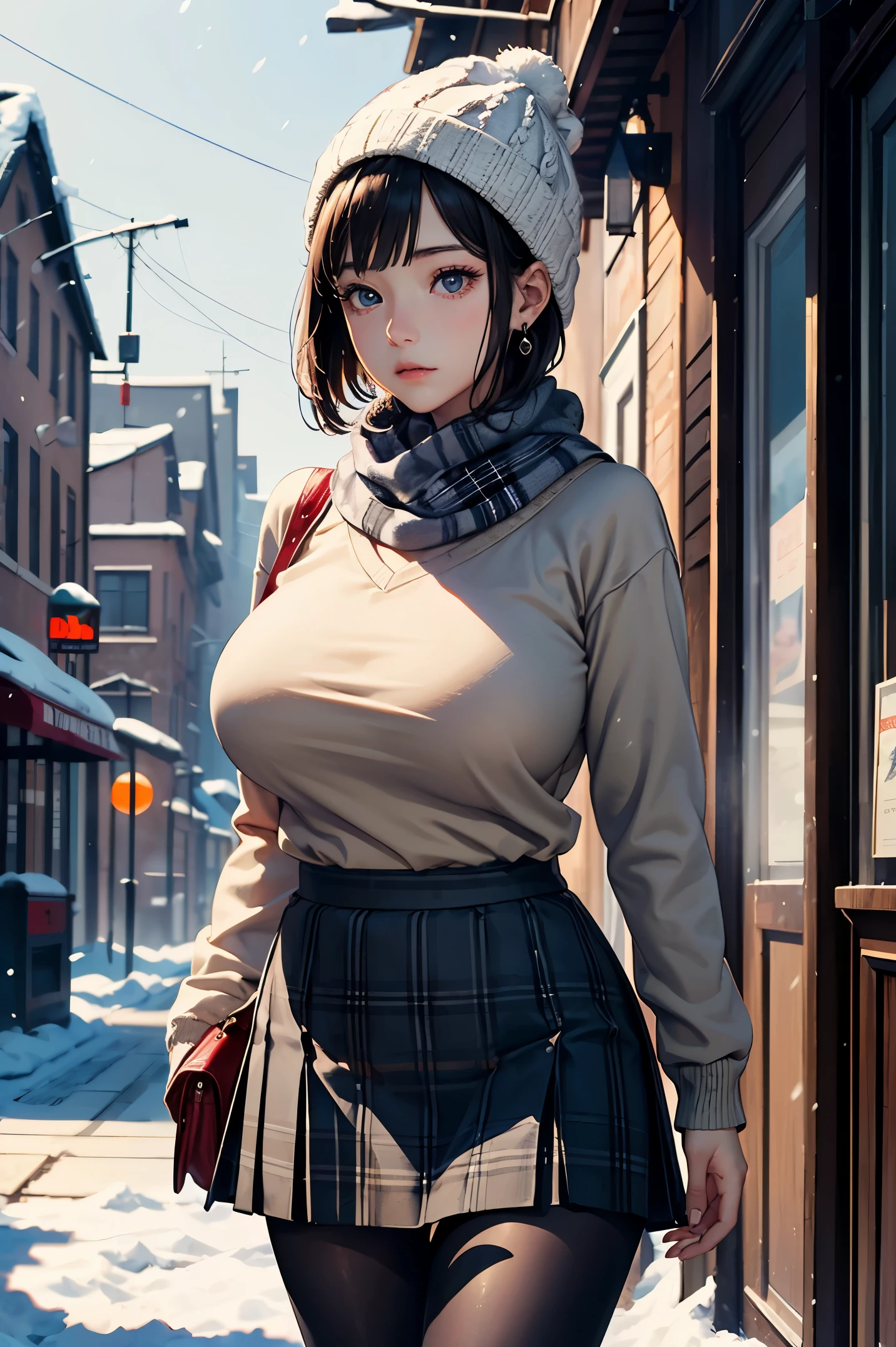 (masterpiece:1.4)、(highest quality:1.4)、ultra high resolution、beautiful features、20 year old woman、black short bob、earrings、knit hat、Beige sweater、Scarf、Plaid skirt、tights、(huge breasts:1.1)、red face、sad expression、looking away、it's snowing、In town、walk、profile、evening