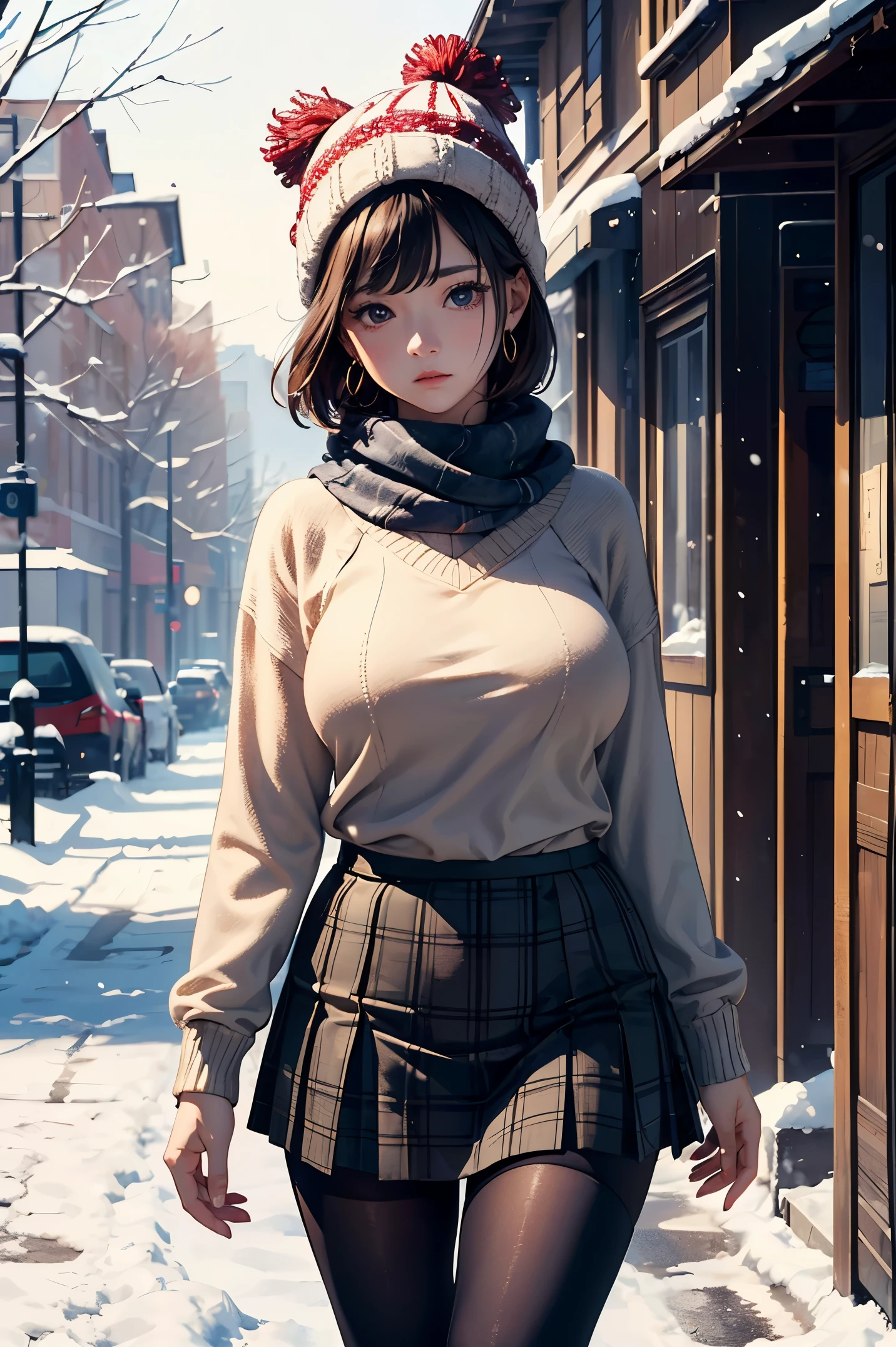 (masterpiece:1.4)、(highest quality:1.4)、ultra high resolution、beautiful features、20 year old woman、black short bob、earrings、knit hat、Beige sweater、Scarf、Plaid skirt、tights、(huge breasts:1.1)、red face、sad expression、looking away、it's snowing、In town、walk、profile、evening