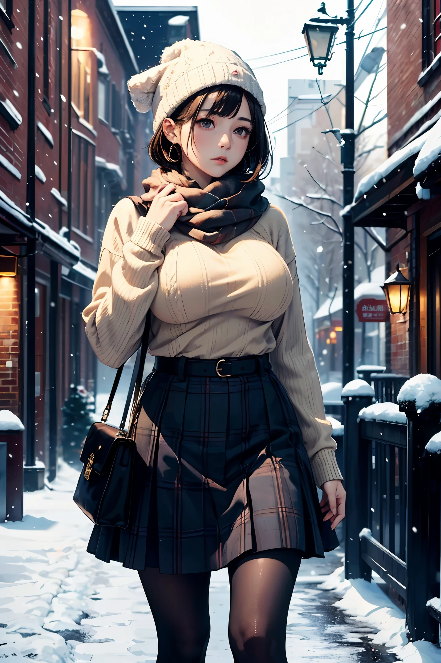 (masterpiece:1.4)、(highest quality:1.4)、ultra high resolution、beautiful features、20 year old woman、black short bob、earrings、knit hat、Beige sweater、Scarf、Plaid skirt、tights、(huge breasts:1.1)、red face、sad expression、looking away、it's snowing、In town、walk、profile、evening