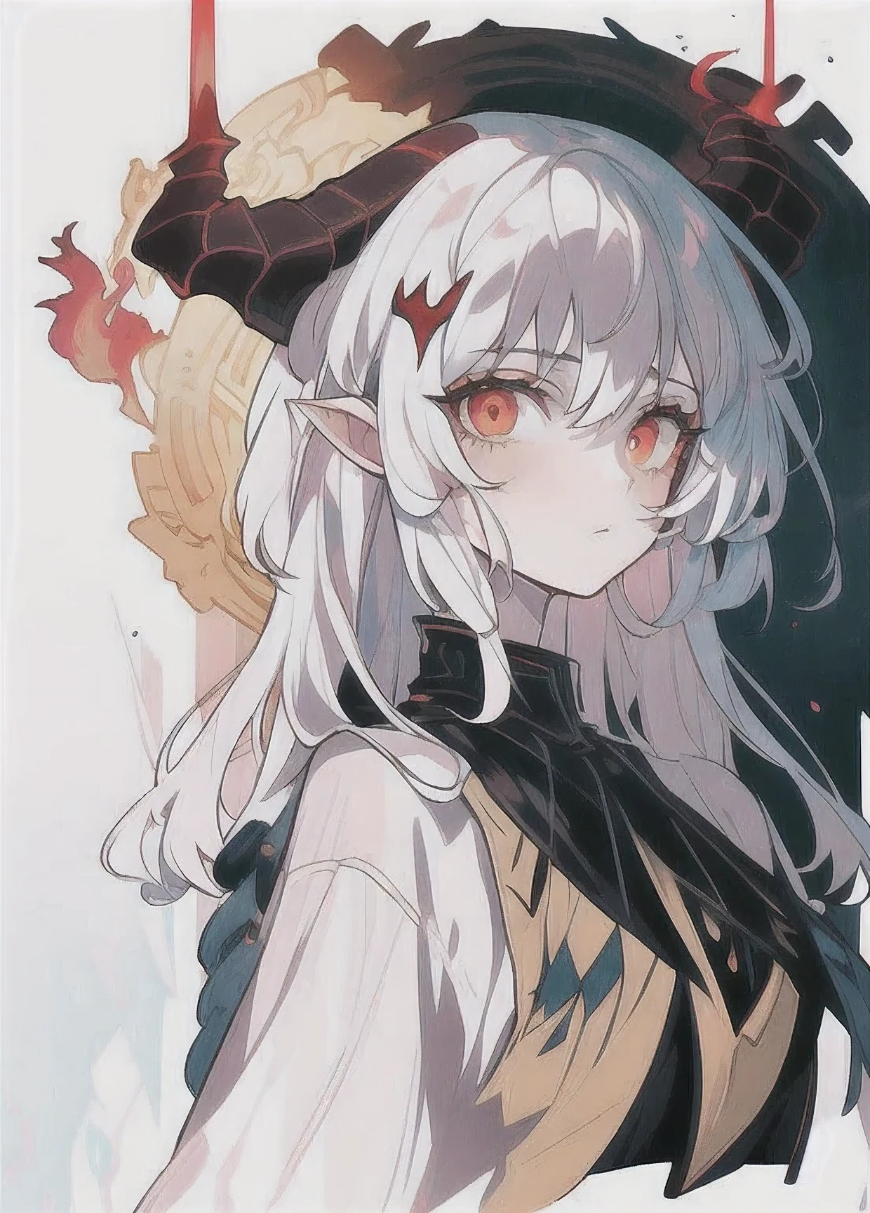 (Best quality, ultra detailed)1 girl, with white hair, beautiful and detailed face, and exciting, expressive eyes. She looks directly at the viewer, with her bright, mesmerizing red eyes. Her pale skin contrasts delicately with her shiny white hair.. On the top of her head is a pair of demonic horns, turned back, gives her appearance an intriguing touch.. A girl stands against the background of darkness, creating a mysterious and alluring atmosphere. Ambient lighting enhances the depth and intensity of her glowing eyes., casting a gentle glow on everything around.