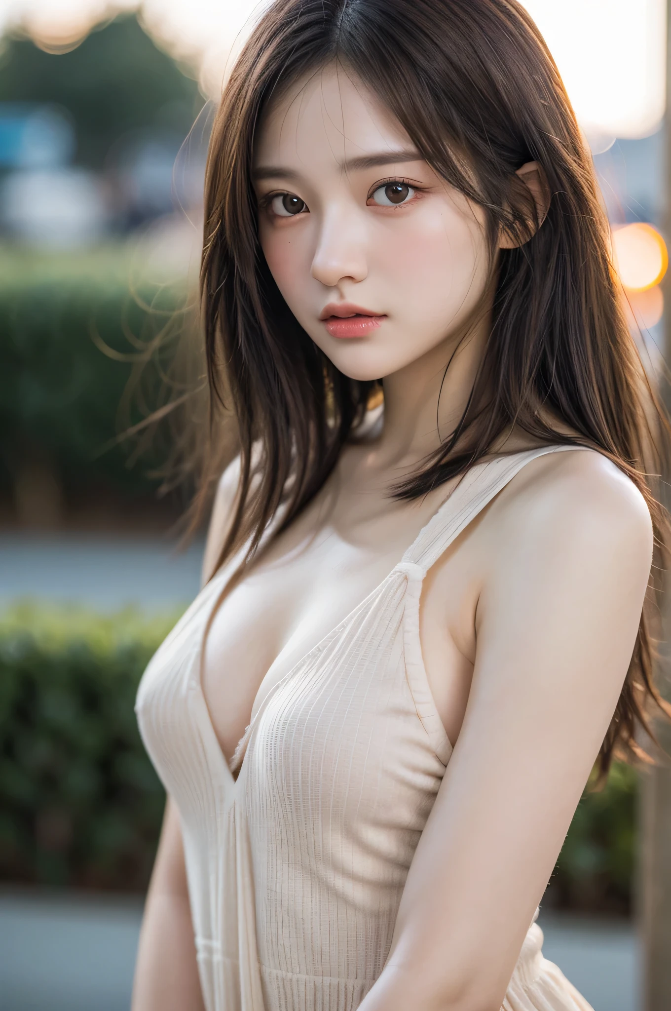 (best quality), (ultra-detailed), (llustration), (detailed light), (an extremely delicate and beautiful), ung girl, brown hair, brown eyes, model, bare shoulders, best quality, extremely detailed CG unified 8k wallpaper, High-definition raw color photos, professional photograpy, (((Bokeh))), depth of fields, twilight, sunset,