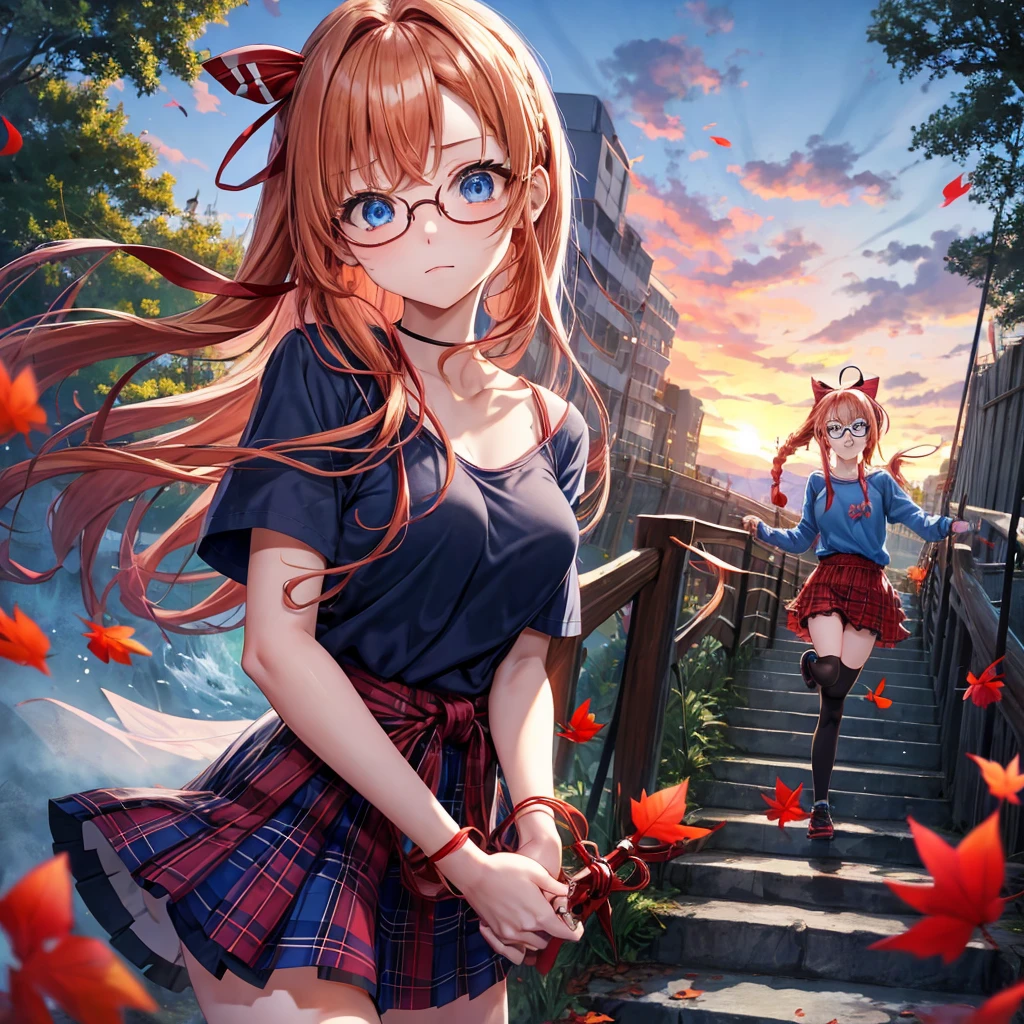 Red-blonde、blue hair、blue eyes、Braid、one good looking girl、solo、anime、Plaid miniskirt、camisole、black t-shirt、Tilting your face、Doing the ribbon、Ribbon at waist、sunset sky、stone stairs、petal、tunnel、Fallen leaves、wearing glasses、waterfall、paper airplane、Pushing a bicycle