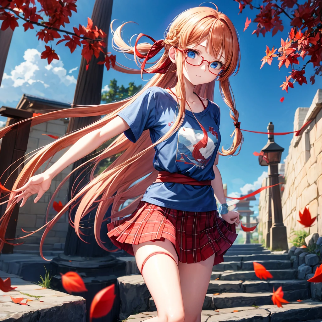 Red-blonde、blue hair、blue eyes、Braid、one good looking girl、solo、anime、Plaid miniskirt、camisole、black t-shirt、Tilting your face、Doing the ribbon、Ribbon at waist、sunset sky、stone stairs、petal、tunnel、Fallen leaves、wearing glasses、waterfall、paper airplane、pushing a pink bicycle