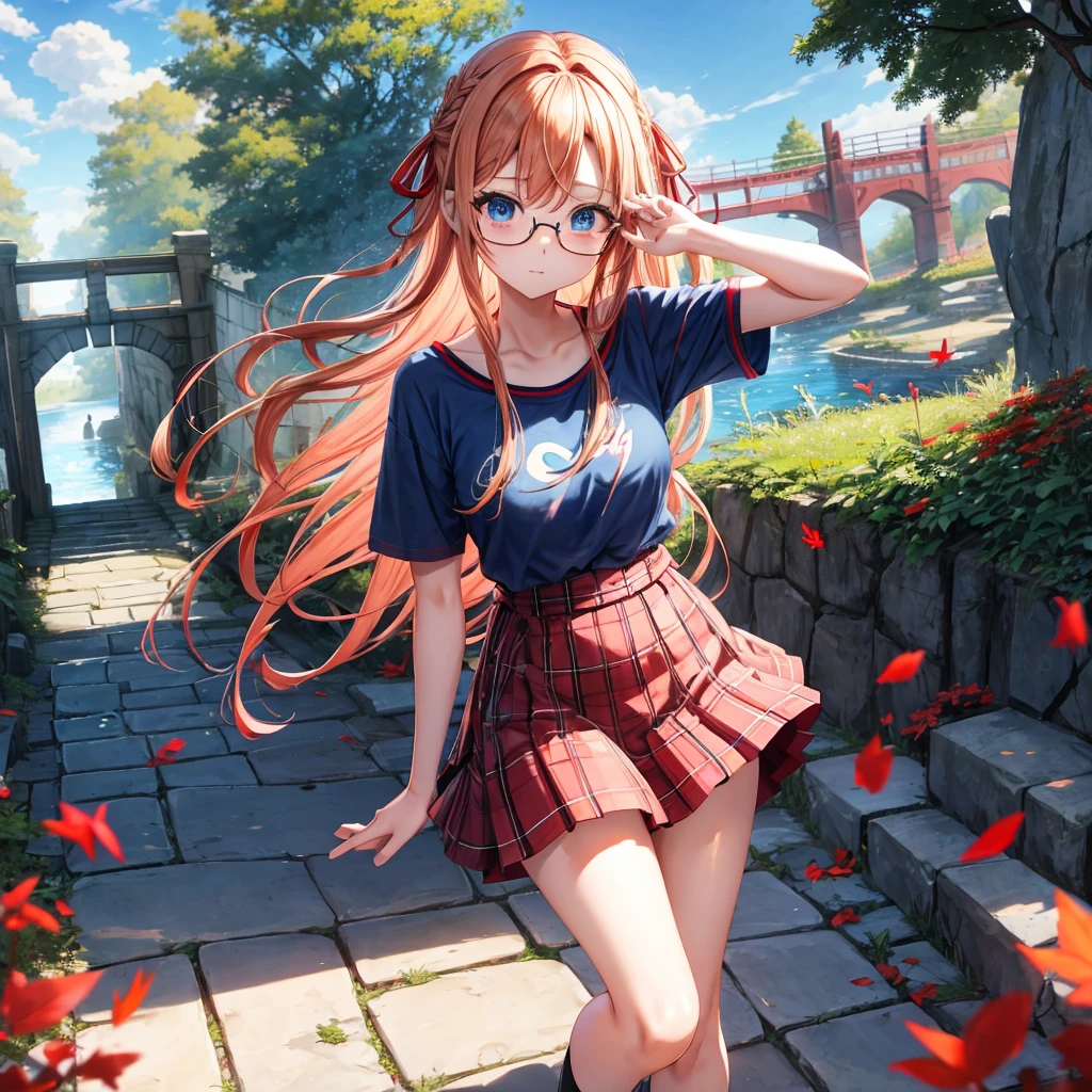 Red-blonde、blue hair、blue eyes、Braid、one good looking girl、solo、anime、Plaid miniskirt、camisole、black t-shirt、Tilting your face、Doing the ribbon、Ribbon at waist、sunset sky、stone stairs、petal、tunnel、Fallen leaves、wearing glasses、waterfall、paper airplane、Pushing a bicycle