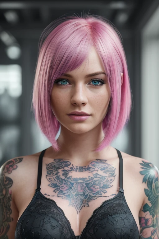 (best quality,4k,8k,highres,masterpiece:1.2),ultra-detailed,(realistic,photorealistic,photo-realistic:1.37),HDR,UHD,girl,tattooed girl,pink bob hair,blue eyes,full breasts,black underwear,detailed facial features,brightly lit,portrait photography,vivid colors