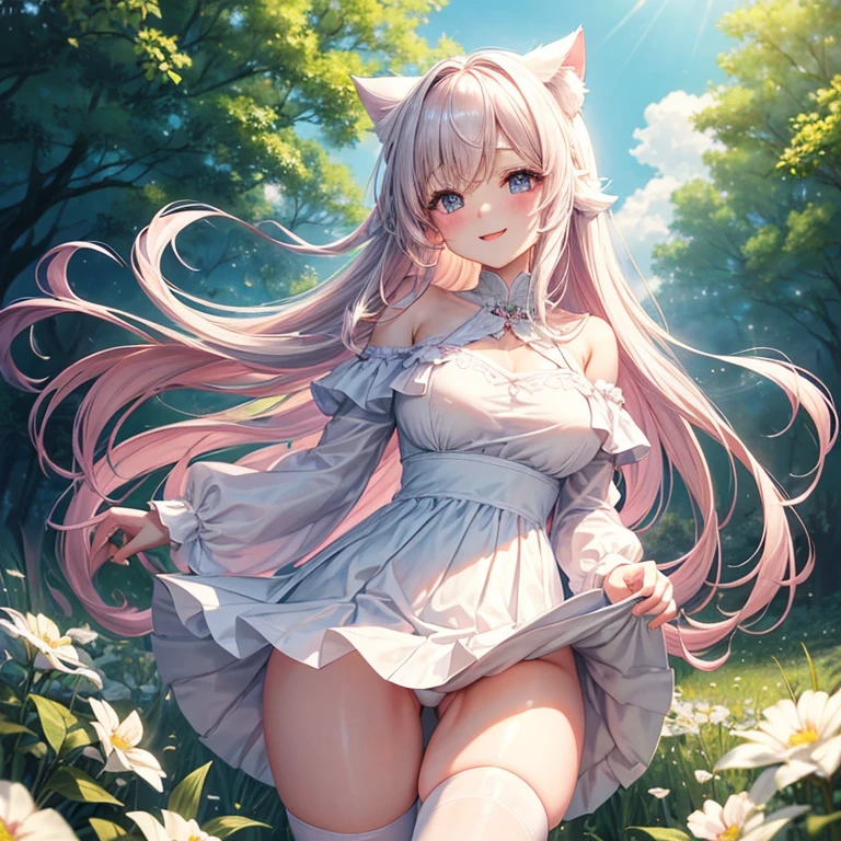 masterpiece、Soft pink long hair、fluttering in the wind、silk white off shoulder、skirt lift、Cat ear、white skin、big breasts、valley、thin waist、thin thighs、silk miniskirt dress、white sexy cosplay、whole body、angle from below、real、shiny skin、blush、smile、hands behind head